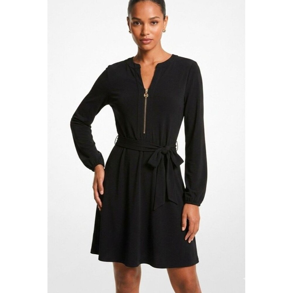 Michael Kors Black Long-Sleeve Half-Zip Tie-Waist Dress, Gold Hardware
